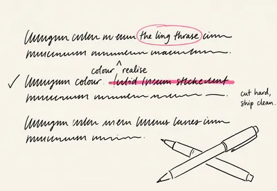 Hand-drawn editorial notes with a crossed-out word and a pink correction reading "realise".