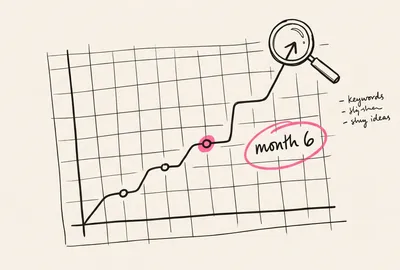 Hand-drawn rising line graph over a grid, with a magnifying glass and a "month 6" annotation.