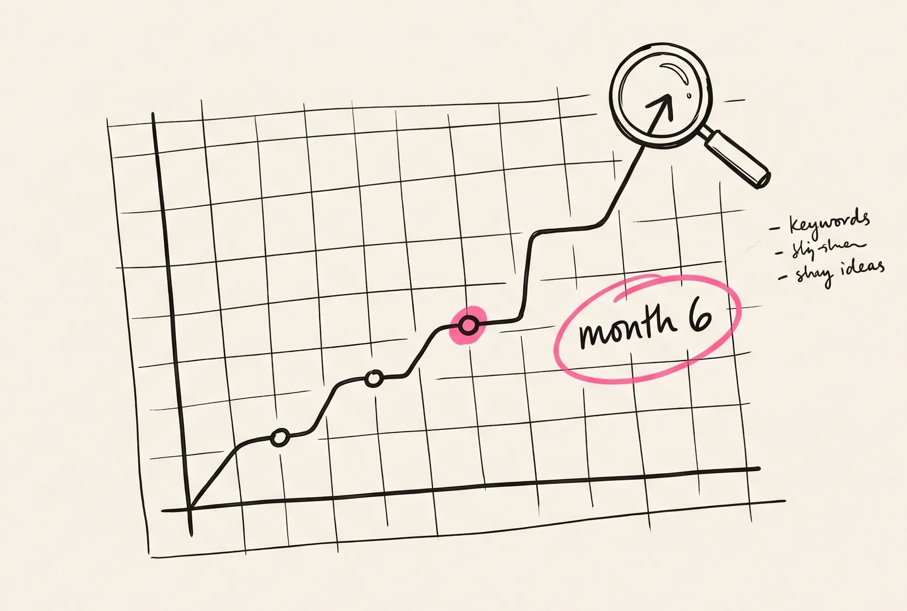 Hand-drawn rising line graph over a grid, with a magnifying glass and a "month 6" annotation.