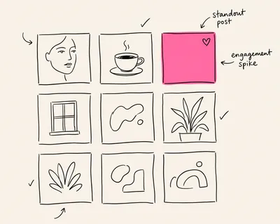 Hand-drawn three-by-three grid of social posts with one standout pink-tile post.