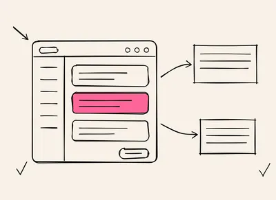 Sketch of an app window with a sidebar and three stacked rows, the middle row filled pink, wired by two arrows to a pair of external system boxes.